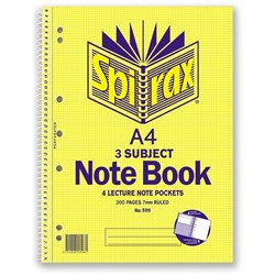 Spirax 599 3 Subject Notebook Perforated/Note Pockets A4 Ruled 300 Page Side Open PACK5