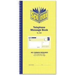 Spirax 550 Telephone Message Book Carbonless 4 Per Page 160 Duplicate Set Side Open PACK10