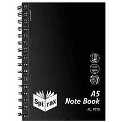 Spirax P570 Notebook Poly Cover With Note Pockets A5 Rule 200Pg Side Open Blk PACK5